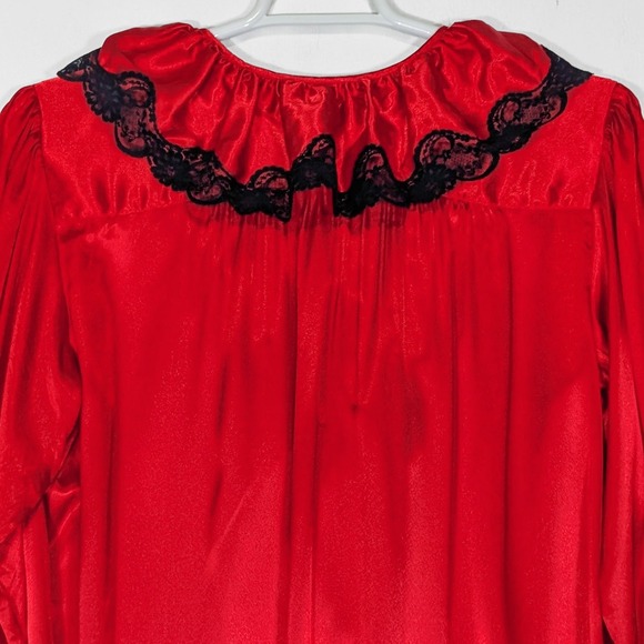 VTG 80s Red Satin Nightgown Womens L Black Lace Trim Long Sleeve Sabrina Mervyns - Picture 5 of 6